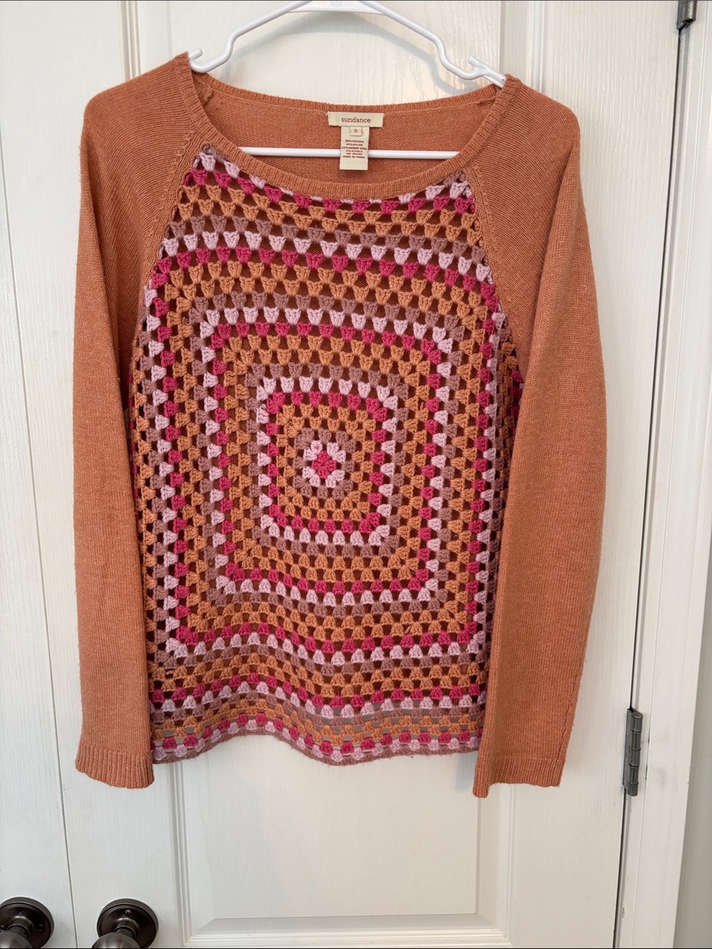Sundance Crochet Square Front Pullover in Rust, Pink & Tan size Small